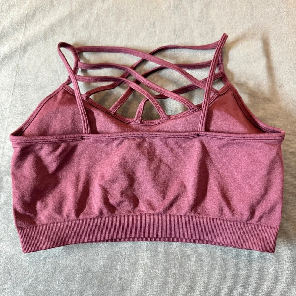 Zenana Womens Sports Bra S/M Burgundy Strappy Lattice Seamless Athleisure Boho